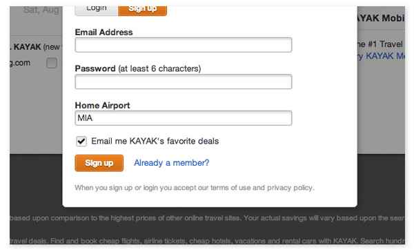 kayak form newsletter signup