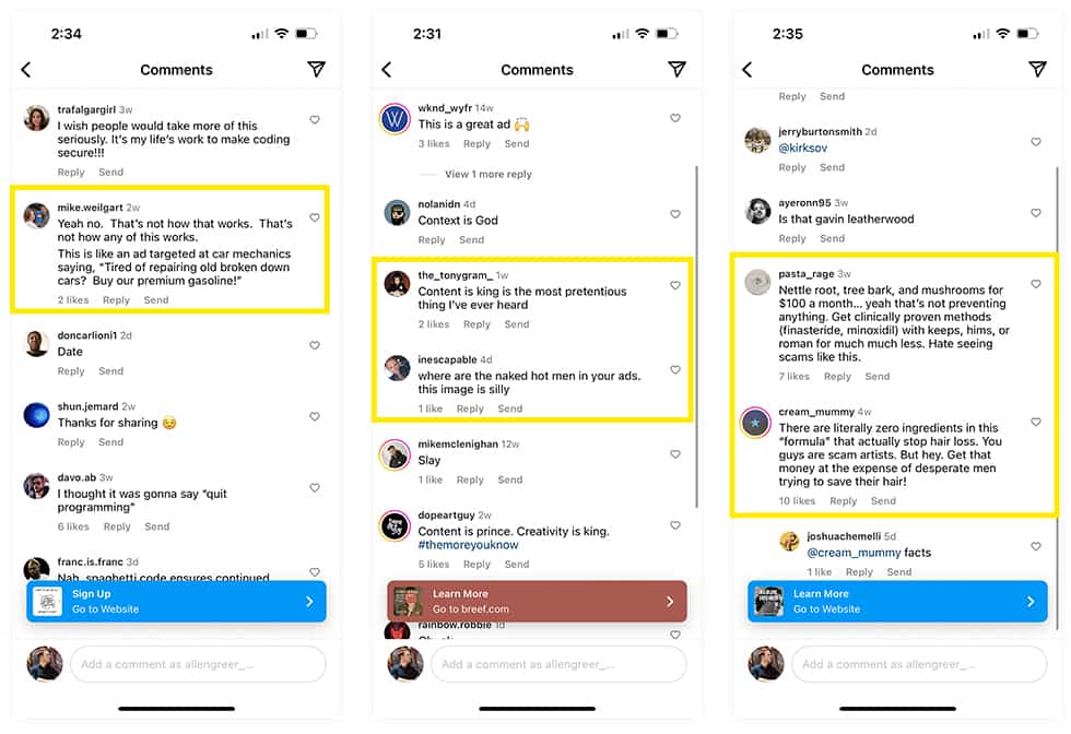 Instagram ad post comments