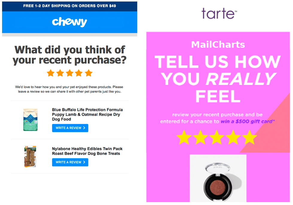 Using email marketing to collect reviews. Examples from Chewy and Tarte.