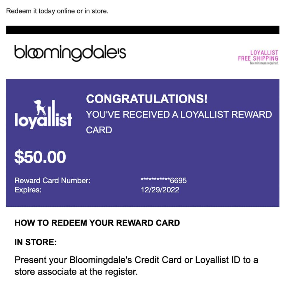 Customer loyalty rewards email series example from Bloomindales.
