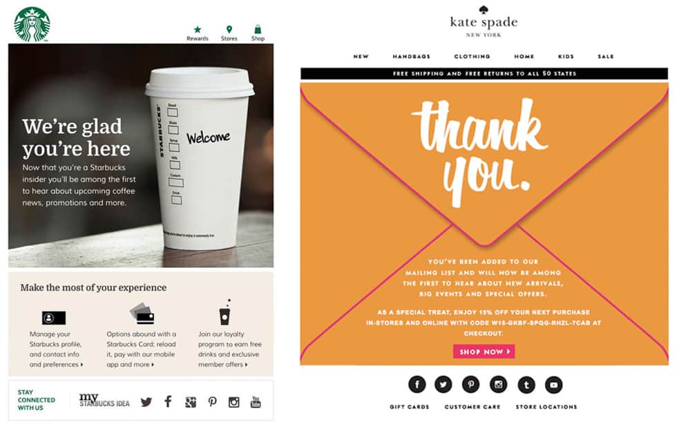 Email marketing welcome series email examples from Starbucks and Kate Spade.