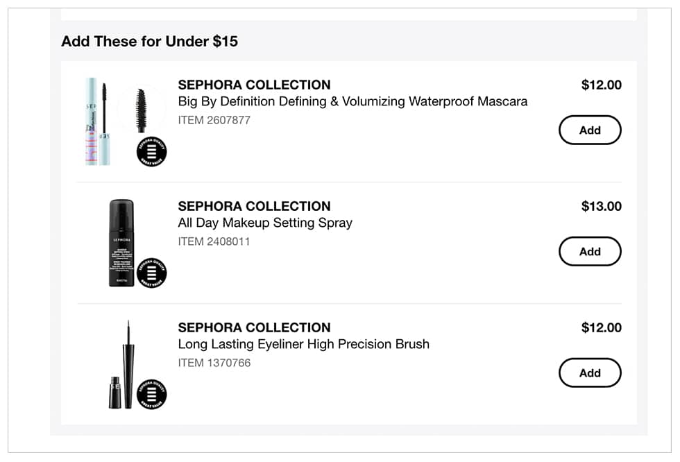 Sephora cross selling in shopping cart to boost average order value.