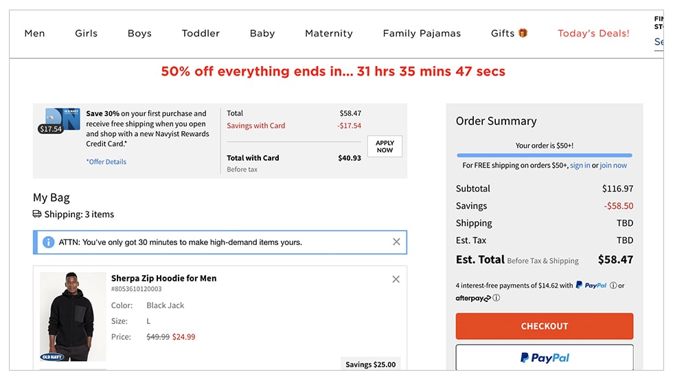 Banana Republic free shipping cart promo example.