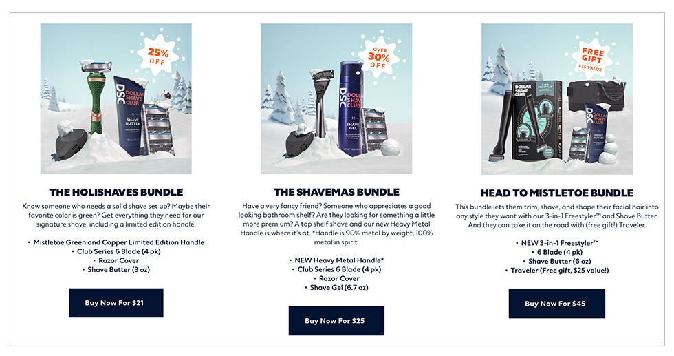 Ecommerce bundle product offer example from Dollar Shave Club